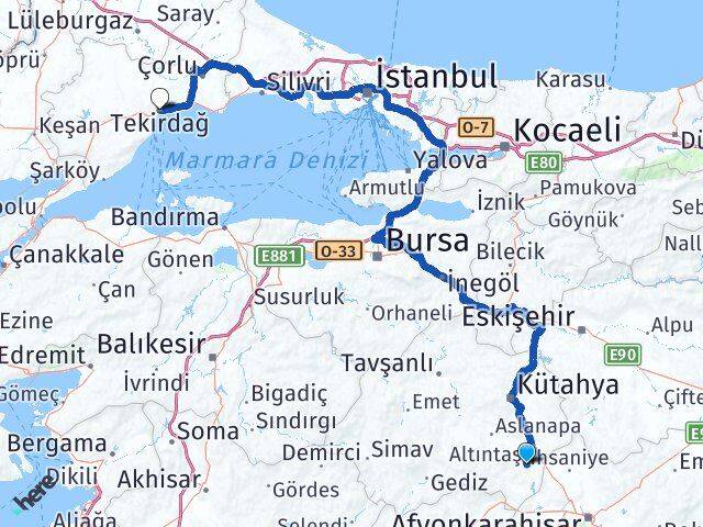 Kütahya Altıntaş Tekirdağ Arası Kaç Km - Yol Haritası