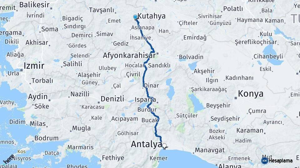 Kütahya Antalya Arası Kaç Km - Yol Haritası