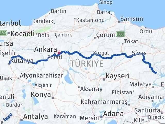 Kütahya Arapgir Malatya Arası Kaç Km - Yol Haritası