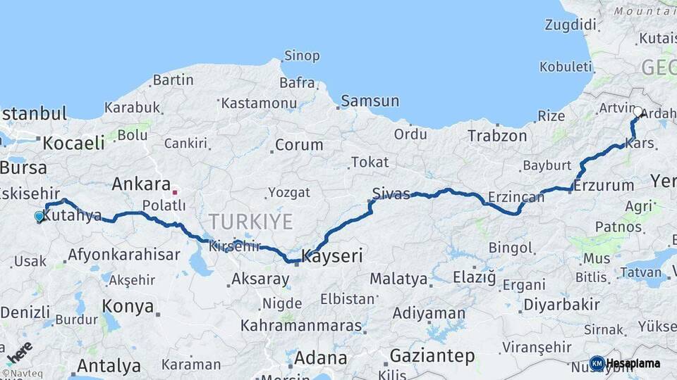 Kütahya Ardahan Arası Kaç Km - Yol Haritası