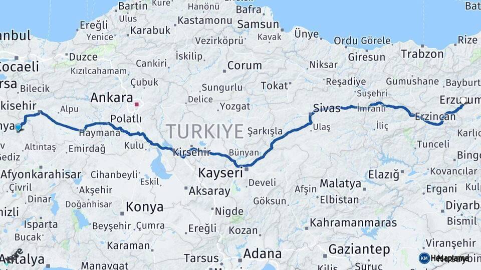 Kütahya Aşkale Erzurum Arası Kaç Km - Yol Haritası