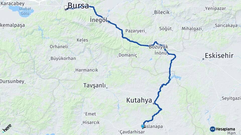 Kütahya Aslanapa Bursa Arası Kaç Km - Yol Haritası