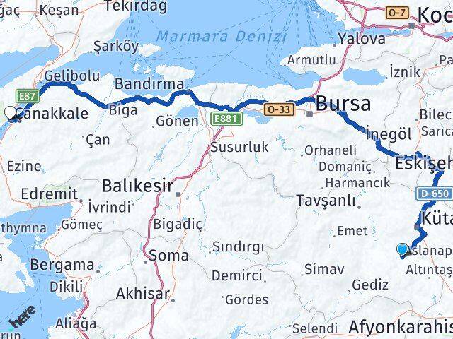Kütahya Aslanapa Çanakkale Arası Kaç Km - Yol Haritası