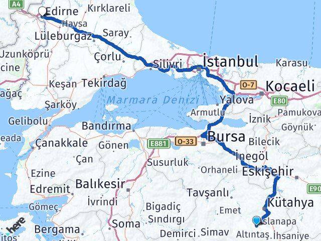 Kütahya Aslanapa Edirne Arası Kaç Km - Yol Haritası