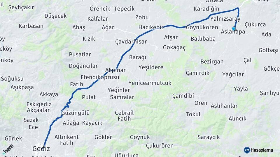 Kütahya Aslanapa Gediz Arası Kaç Km - Yol Haritası