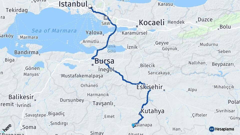 Kütahya Aslanapa İstanbul Arası Kaç Km - Yol Haritası