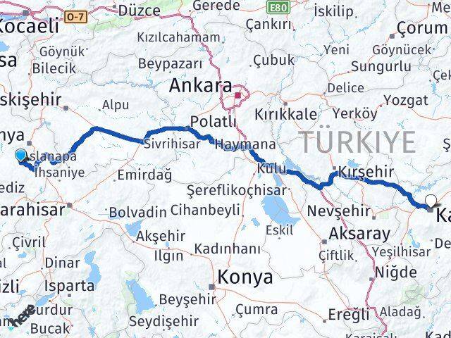 Kütahya Aslanapa Kayseri Arası Kaç Km - Yol Haritası