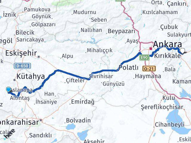 Kütahya Aslanapa Kırıkkale Arası Kaç Km - Yol Haritası