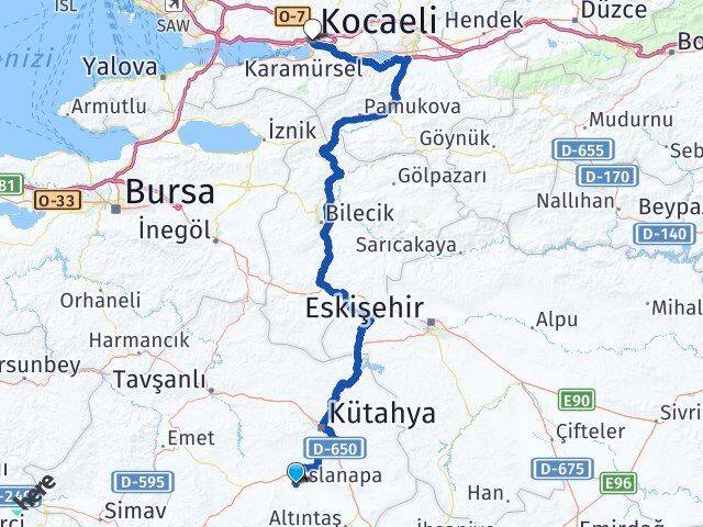 Kütahya Aslanapa Kocaeli Arası Kaç Km - Yol Haritası
