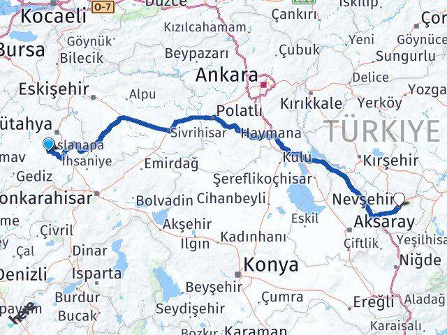 Kütahya Aslanapa Nevşehir Arası Kaç Km - Yol Haritası