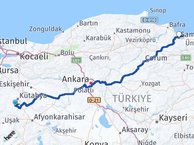Kütahya Aslanapa Samsun Arası Kaç Km - Yol Haritası