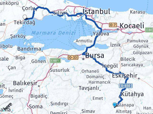Kütahya Aslanapa Tekirdağ Arası Kaç Km - Yol Haritası