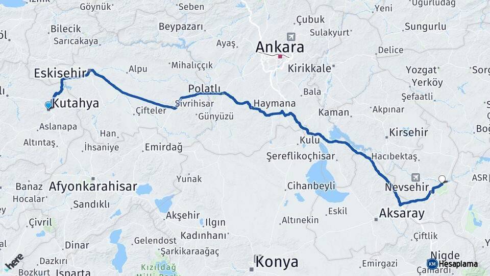 Kütahya Avanos Nevşehir Arası Kaç Km - Yol Haritası
