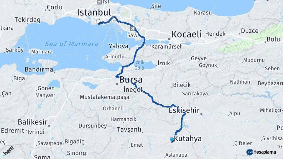 Kütahya Avcılar İstanbul Arası Kaç Km - Yol Haritası