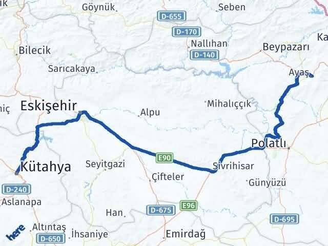 Kütahya Ayaş Ankara Arası Kaç Km - Yol Haritası