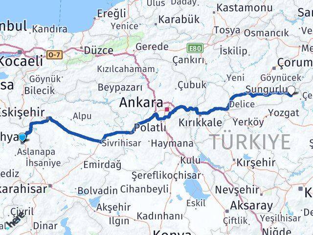 Kütahya Aydıncık Yozgat Arası Kaç Km - Yol Haritası