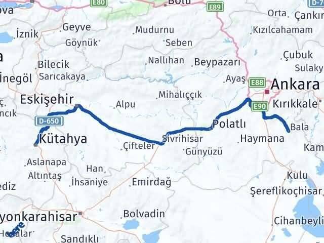 Kütahya Bala Ankara Arası Kaç Km - Yol Haritası