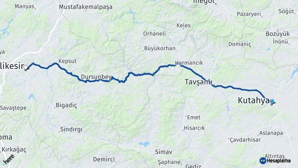 Kütahya Balıkesir Arası Kaç Km - Yol Haritası