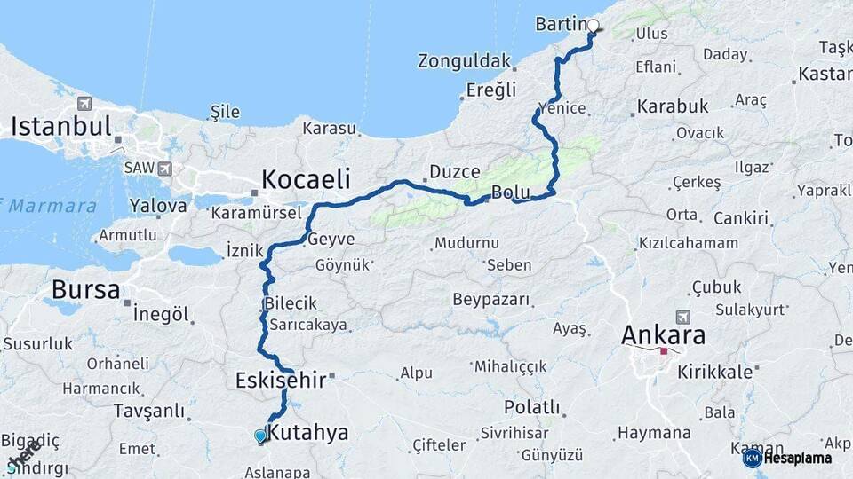 Kütahya Bartın Arası Kaç Km - Yol Haritası