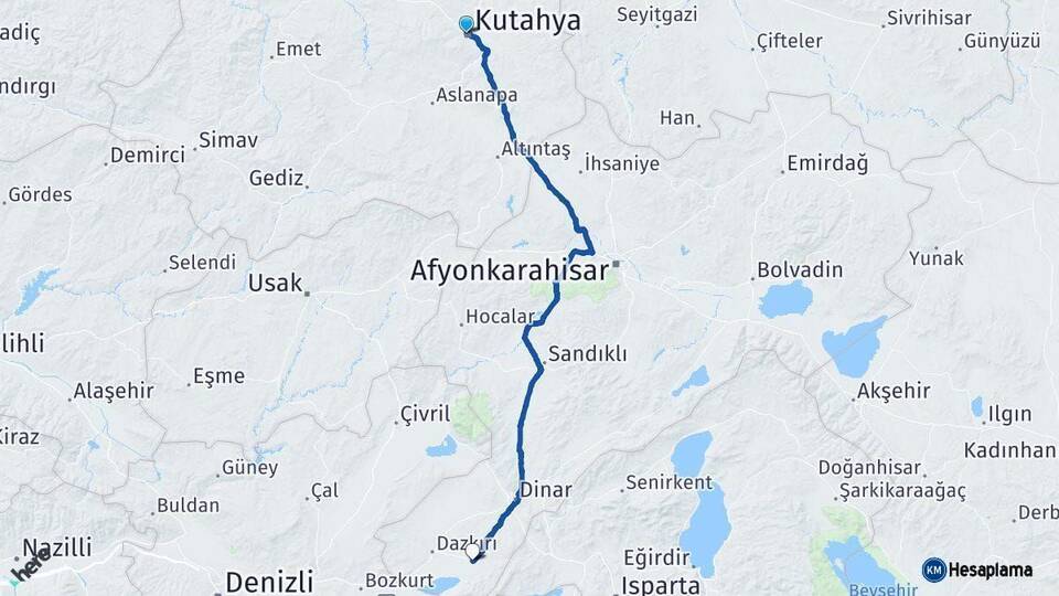 Kütahya Başmakçı Afyonkarahisar Arası Kaç Km - Yol Haritası