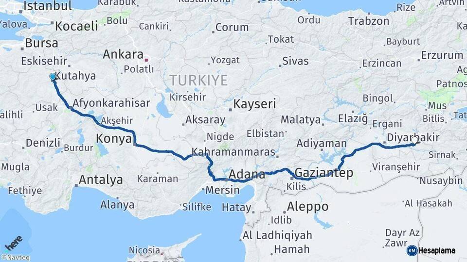 Kütahya Batman Arası Kaç Km - Yol Haritası