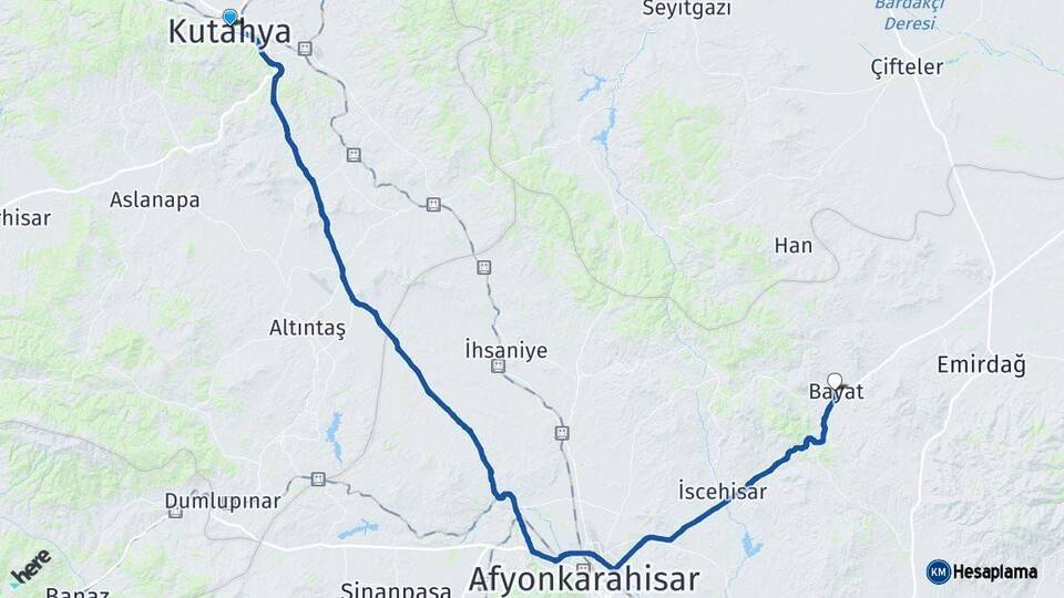 Kütahya Bayat Afyonkarahisar Arası Kaç Km - Yol Haritası