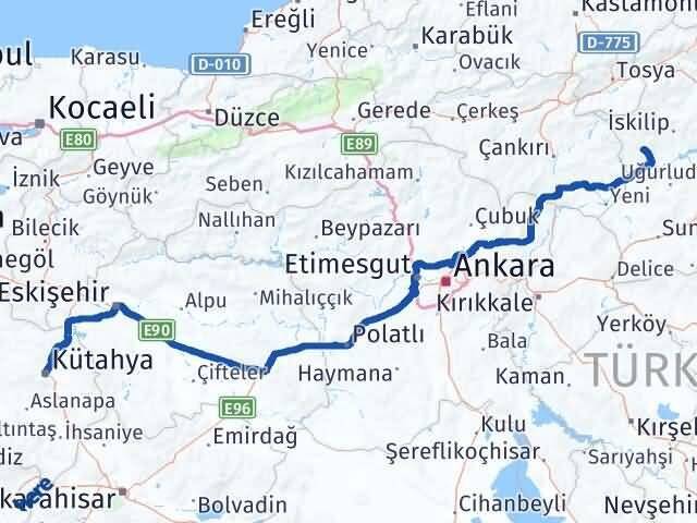 Kütahya Bayat Çorum Arası Kaç Km - Yol Haritası