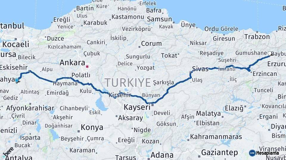 Kütahya Bayburt Arası Kaç Km - Yol Haritası