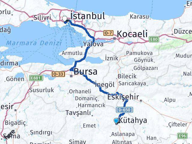 Kütahya Bayrampaşa İstanbul Arası Kaç Km - Yol Haritası