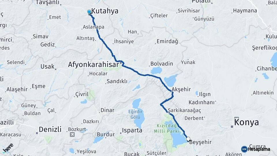 Kütahya Beyşehir Konya Arası Kaç Km - Yol Haritası
