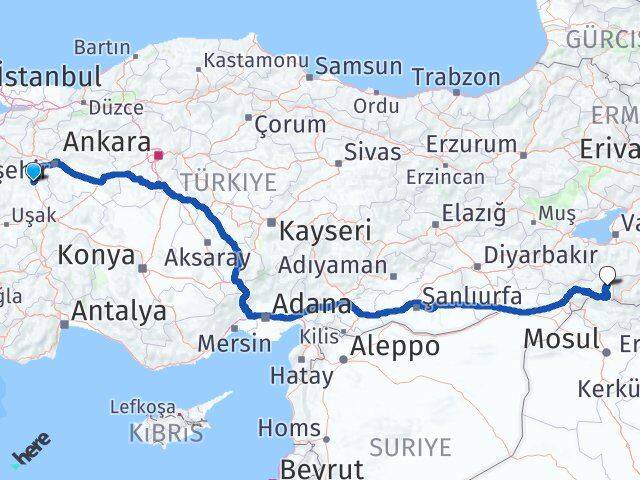 Kütahya Beytüşşebap Şırnak Arası Kaç Km - Yol Haritası