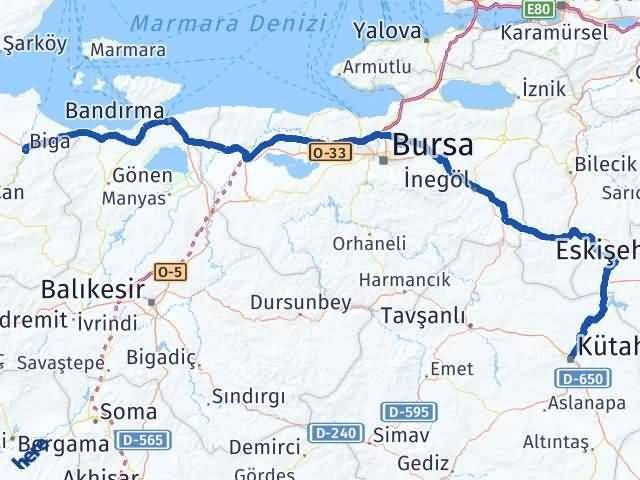 Kütahya Biga Çanakkale Arası Kaç Km - Yol Haritası