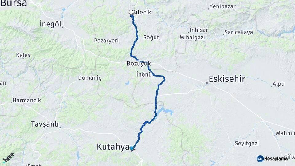 Kütahya Bilecik Arası Kaç Km - Yol Haritası