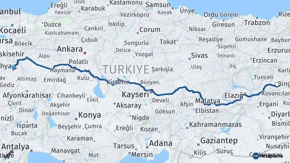 Kütahya Bingöl Arası Kaç Km - Yol Haritası