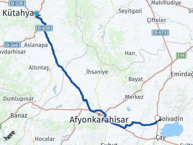 Kütahya Bolvadin Afyonkarahisar Arası Kaç Km - Yol Haritası