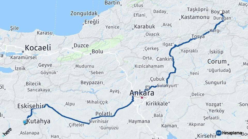 Kütahya Boyabat Sinop Arası Kaç Km - Yol Haritası