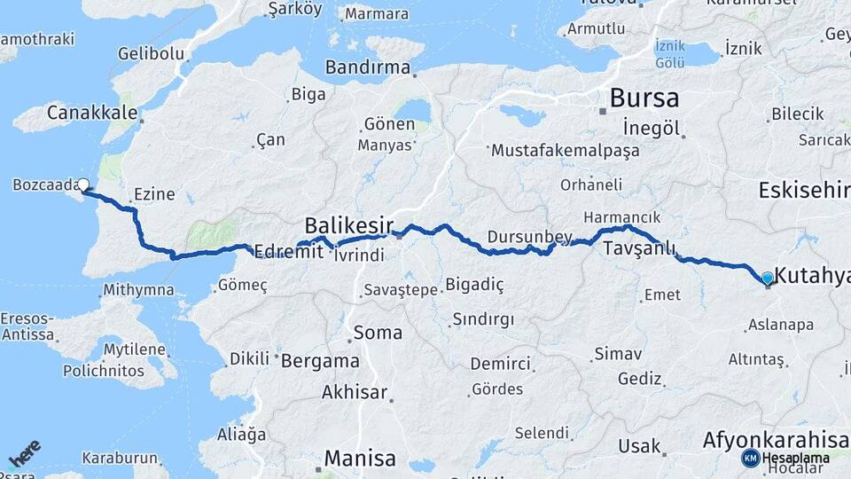 Kütahya Bozcaada Çanakkale Arası Kaç Km - Yol Haritası