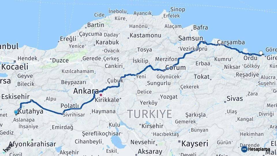 Kütahya Bulancak Giresun Arası Kaç Km - Yol Haritası