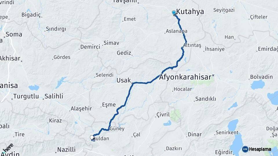 Kütahya Buldan Denizli Arası Kaç Km - Yol Haritası