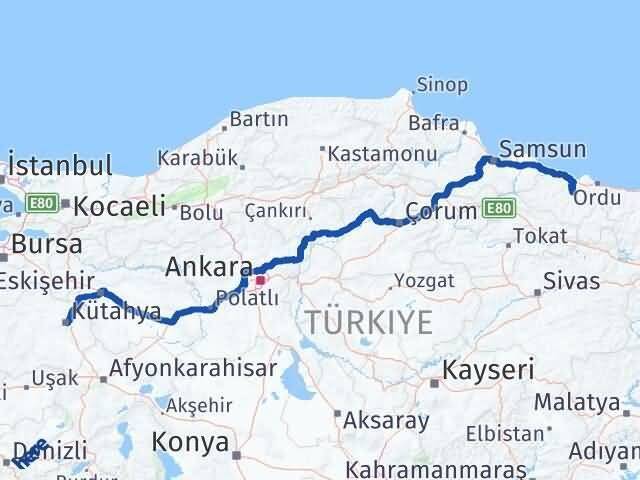 Kütahya Çamaş Ordu Arası Kaç Km - Yol Haritası