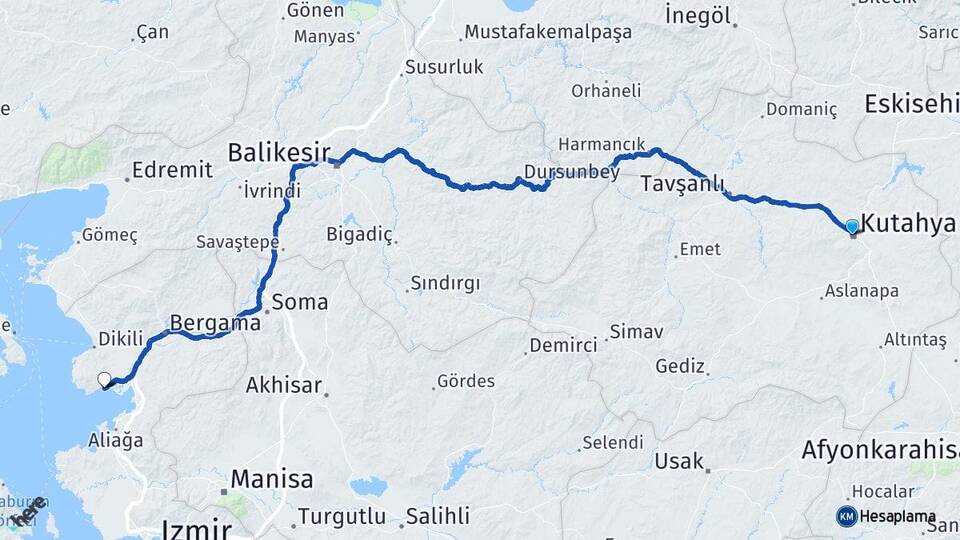 Kütahya Çandarlı Dikili İzmir Arası Kaç Km - Yol Haritası