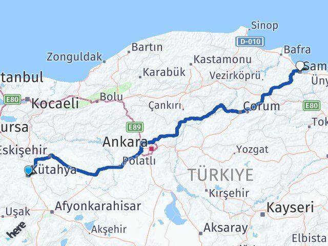 Kütahya Canik Samsun Arası Kaç Km - Yol Haritası