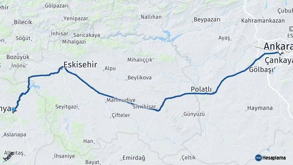 Kütahya Çankaya Ankara Arası Kaç Km - Yol Haritası