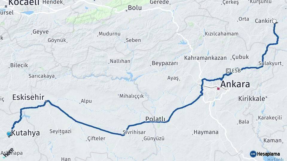 Kütahya Çankırı Arası Kaç Km - Yol Haritası