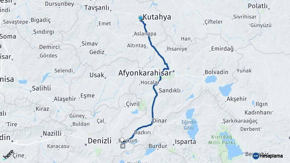 Kütahya Çardak Denizli Arası Kaç Km - Yol Haritası