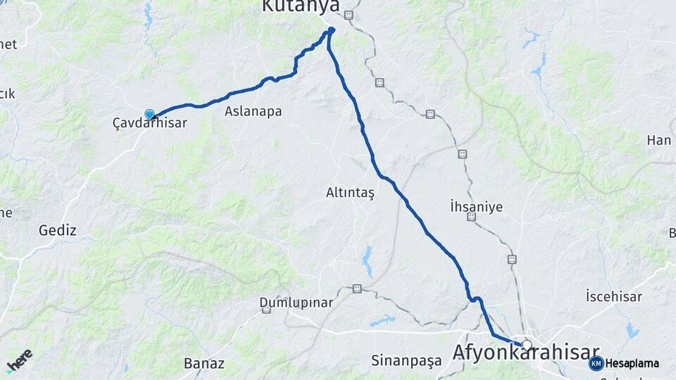 Kütahya Çavdarhisar Afyonkarahisar Arası Kaç Km - Yol Haritası