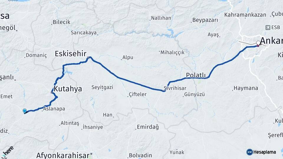 Kütahya Çavdarhisar Ankara Arası Kaç Km - Yol Haritası