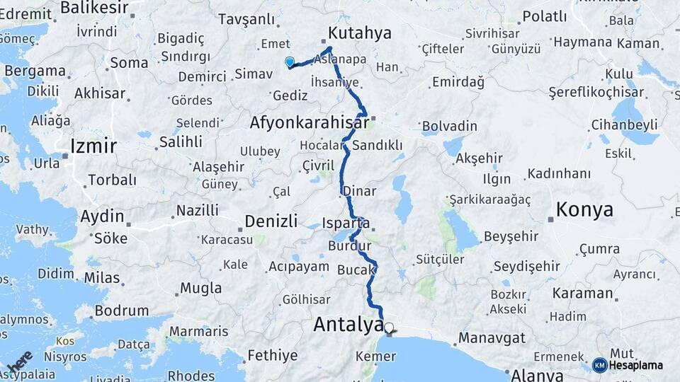 Kütahya Çavdarhisar Antalya Arası Kaç Km - Yol Haritası