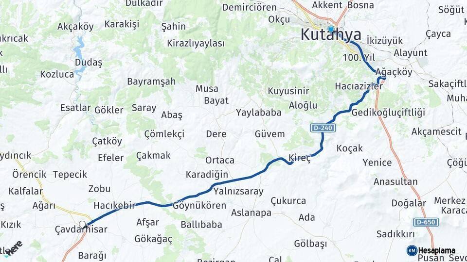 Kütahya Çavdarhisar Arası Kaç Km - Yol Haritası