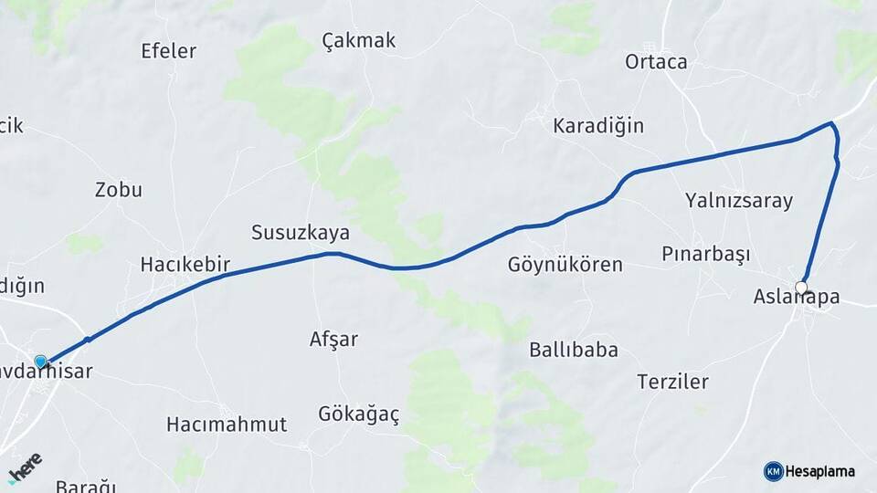 Kütahya Çavdarhisar Aslanapa Arası Kaç Km - Yol Haritası